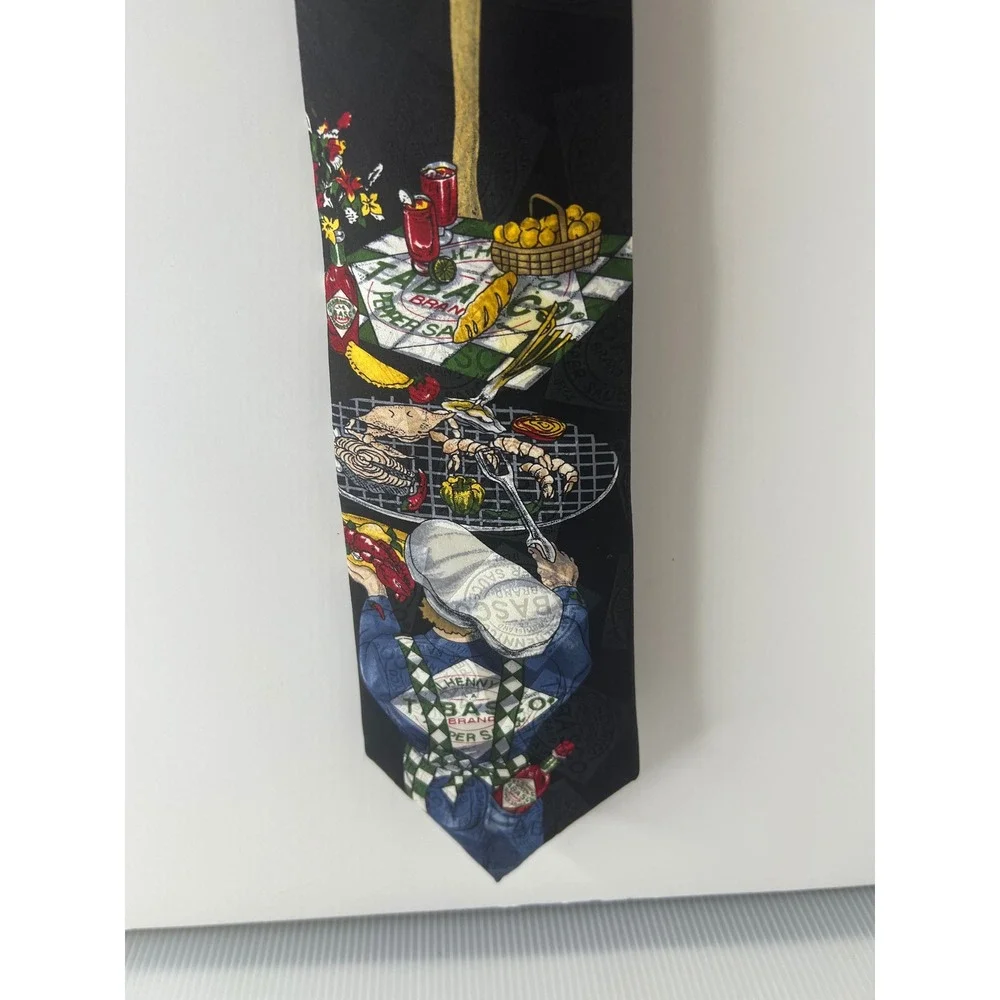 Tabasco Mens Silk Necktie‎ Black Novelty BBQ Grilling Hot Sauce Logo Print Tie